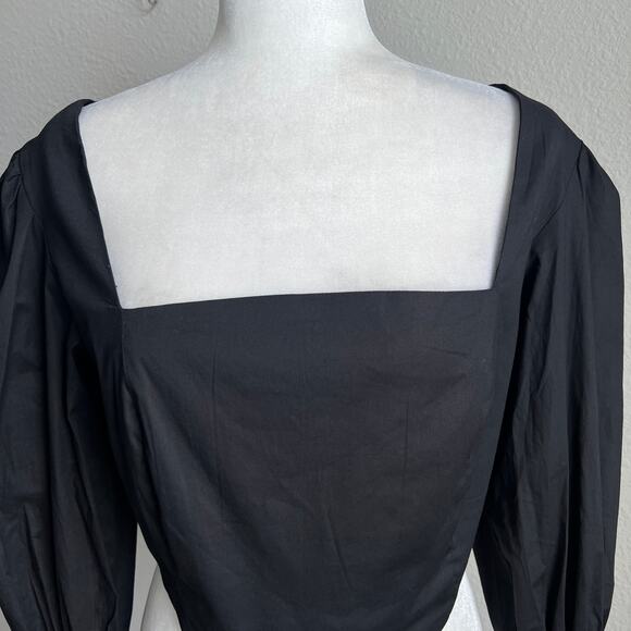 New The Lulo Project Black Crop Poplin Top Women's L Smocked Long Puff Sleeves - Picture 2 of 8